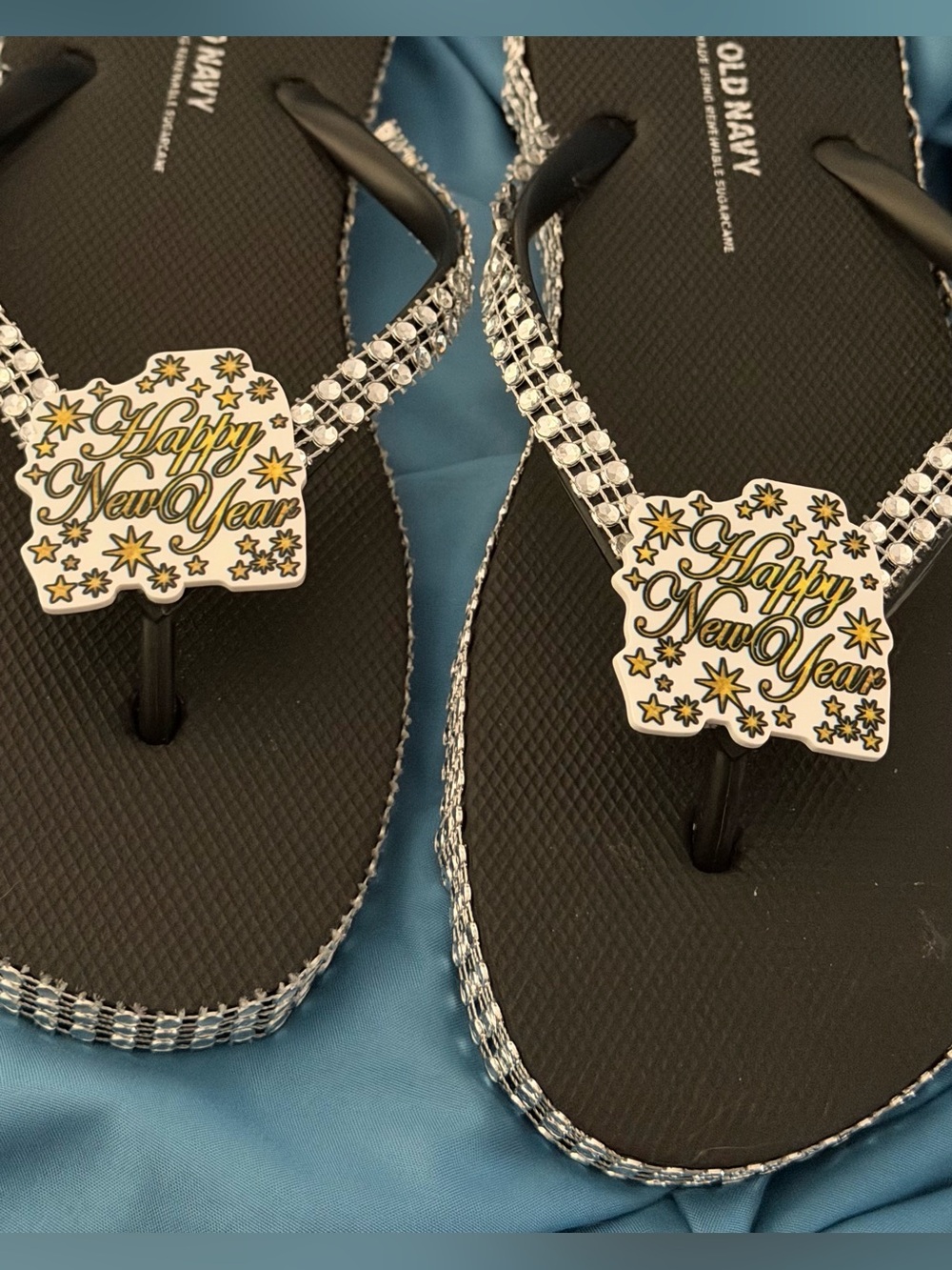 Black Flip Flops with Silver Rhinestone Straps and Gold Accents